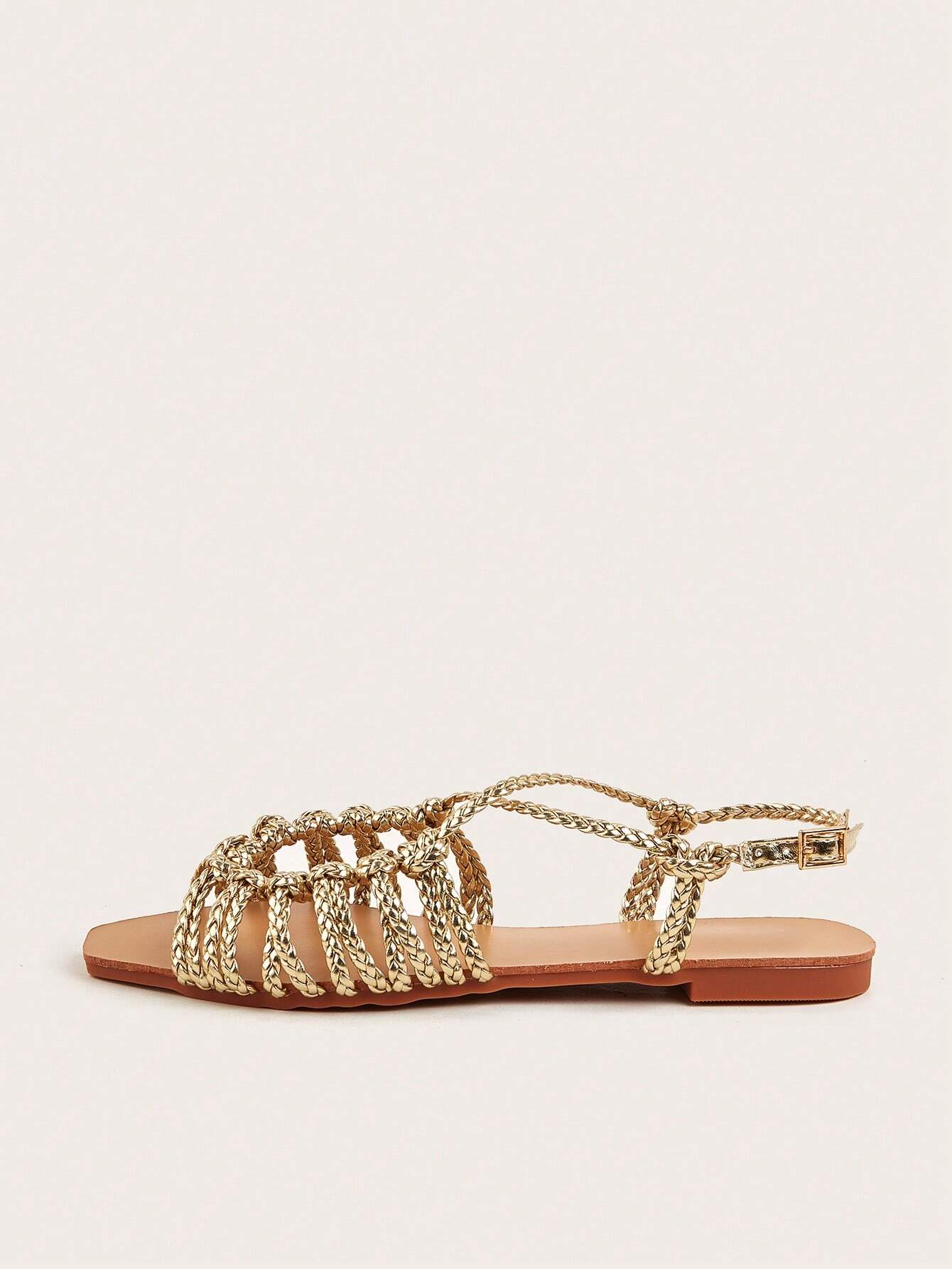 Faux Suede Hand-Woven Twist Flat Sandals shein