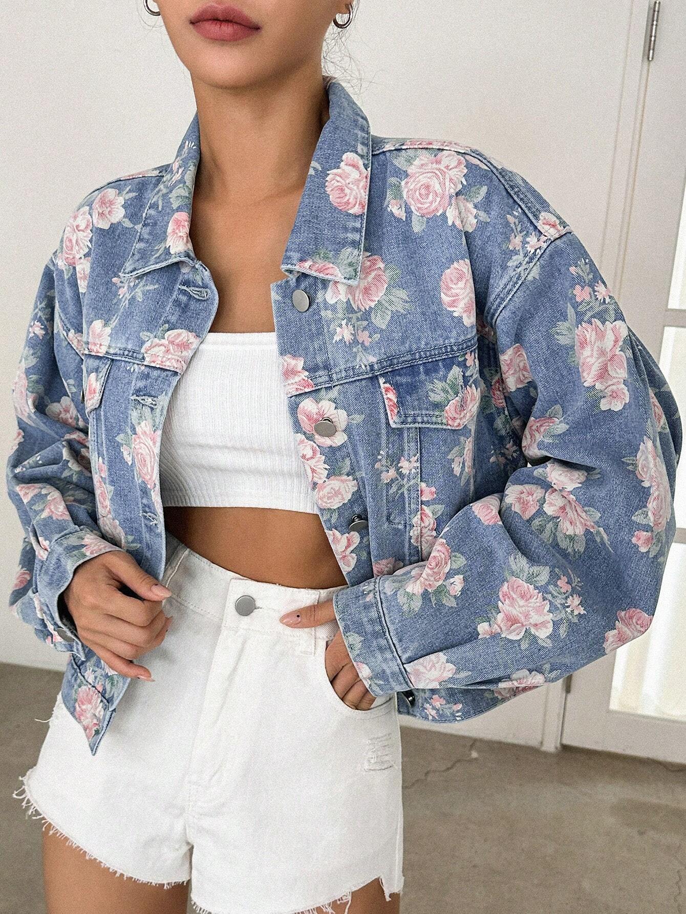 DAZY Floral Print Drop Shoulder Flap Pocket Denim Jacket shein