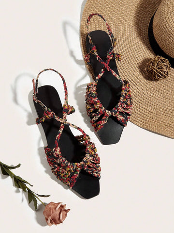 Faux Suede Hand-Woven Twist Flat Sandals shein