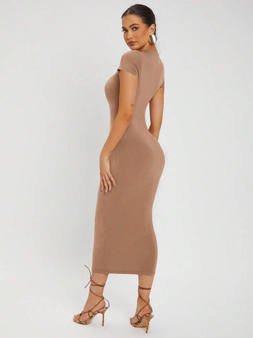 SXY Solid Round Neck Bodycon Dress shein