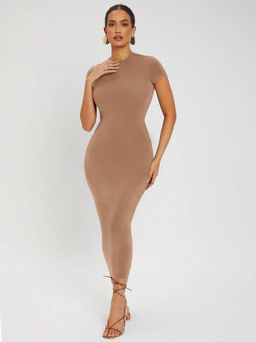 SXY Solid Round Neck Bodycon Dress shein