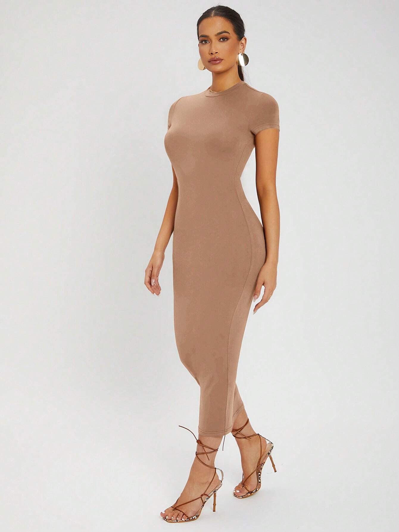 SXY Solid Round Neck Bodycon Dress shein