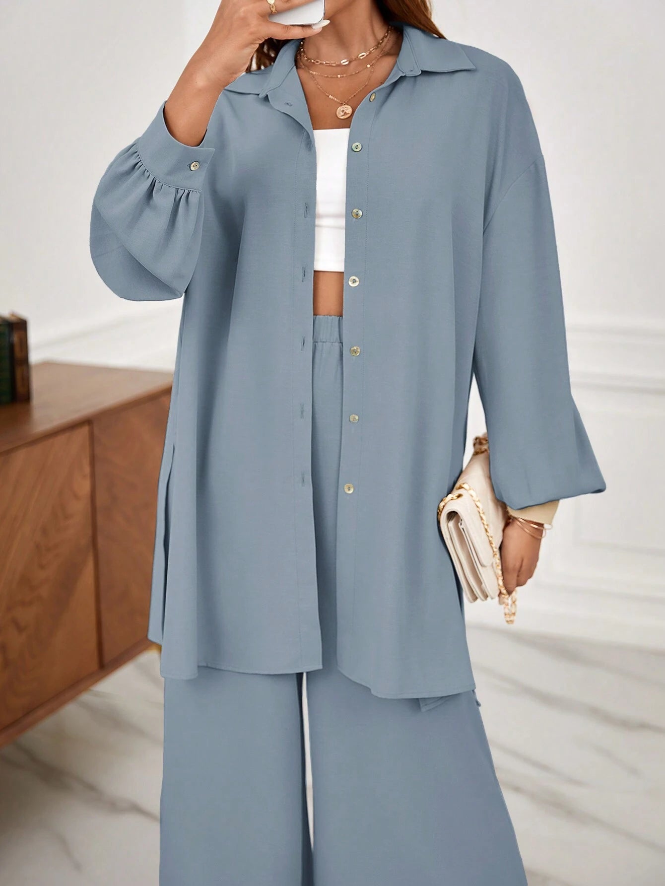 Frenchy Drop Shoulder Button Front Shirt & Wide Leg Pants shein