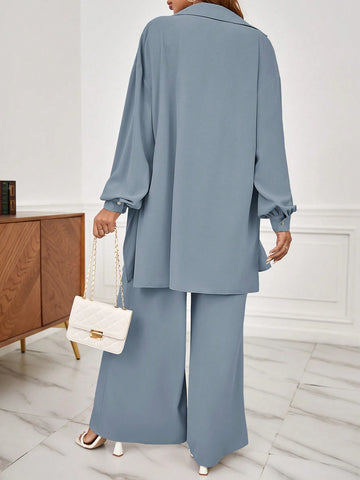 Frenchy Drop Shoulder Button Front Shirt & Wide Leg Pants shein