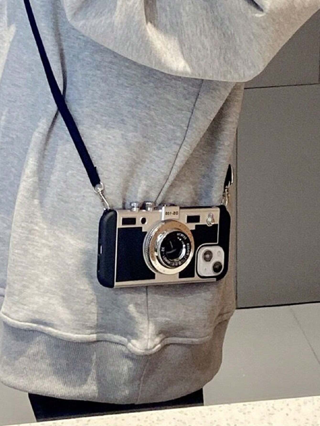 1pc Vintage 3D Camera Design Anti-Drop Crossbody Neck Strap TPU+PC Phone Case Compatible With Apple shein