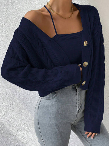 MOOSTA Drop Shoulder Cable Knit Cardigan & Crop Knit Top