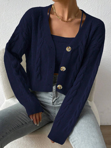 MOOSTA Drop Shoulder Cable Knit Cardigan & Crop Knit Top