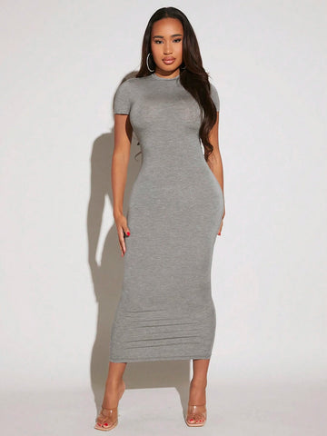 SXY Solid Round Neck Bodycon Dress shein