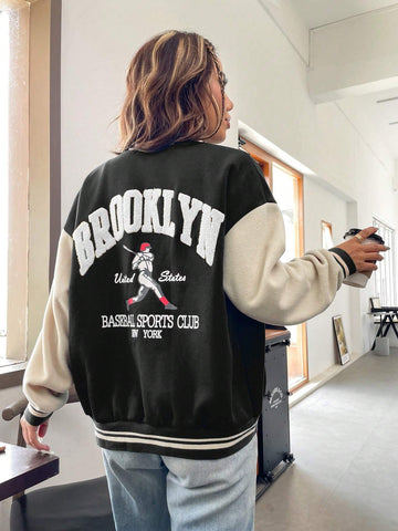 Carly Lawrence SHEIN MOOSTA Figure & Letter Graphic Drop Shoulder Two Tone Varsity Jacket shein