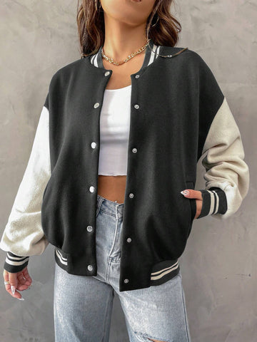 Carly Lawrence SHEIN MOOSTA Figure & Letter Graphic Drop Shoulder Two Tone Varsity Jacket shein