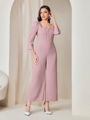 Modely Square Neck Puff Sleeve Wide Leg Jumpsuit shein