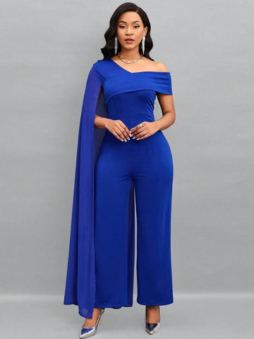 Lady Asymmetrical Neck Cloak Sleeve Wide Leg Jumpsuit shein