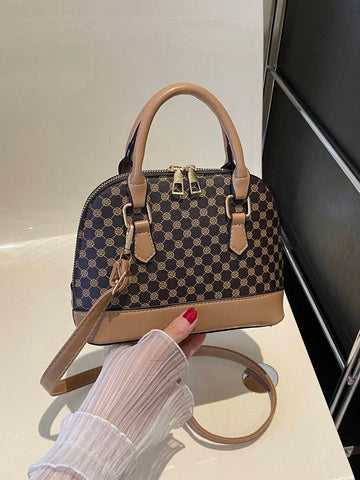 Fashionable Geometric Pattern Color-Blocking Elegant Clamshell Handbag shein