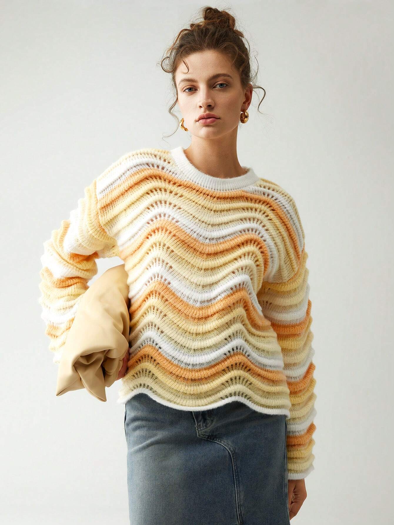 Anewsta Striped Pattern Pointelle Knit Drop Shoulder Sweater shein