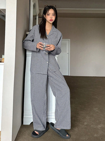 DAZY Gingham Print Lapel Neck PJ Set shein