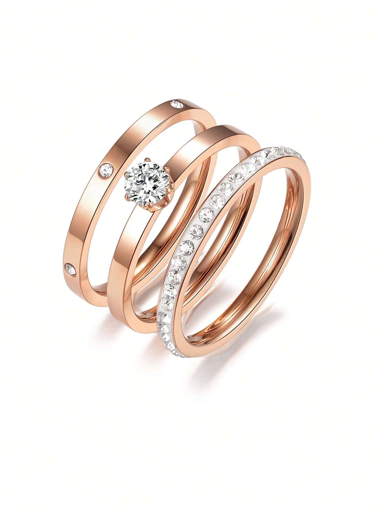 3pcs/set Simple & Fashionable Stainles Steel Rings With Cubic Zirconia Stone shein