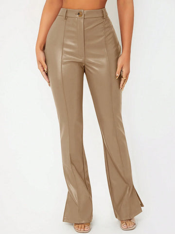 SXY Split Hem PU Leather Flare Leg Pants shein