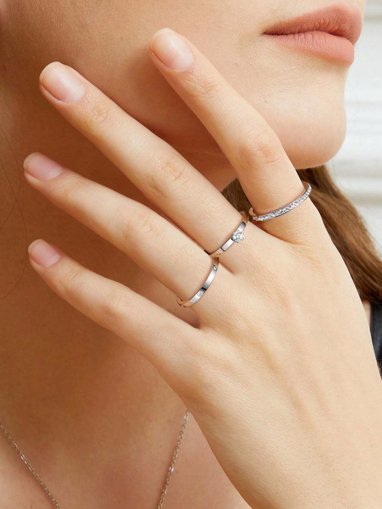 3pcs/set Simple & Fashionable Stainles Steel Rings With Cubic Zirconia Stone shein