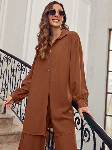 Frenchy Drop Shoulder Button Front Shirt & Wide Leg Pants shein