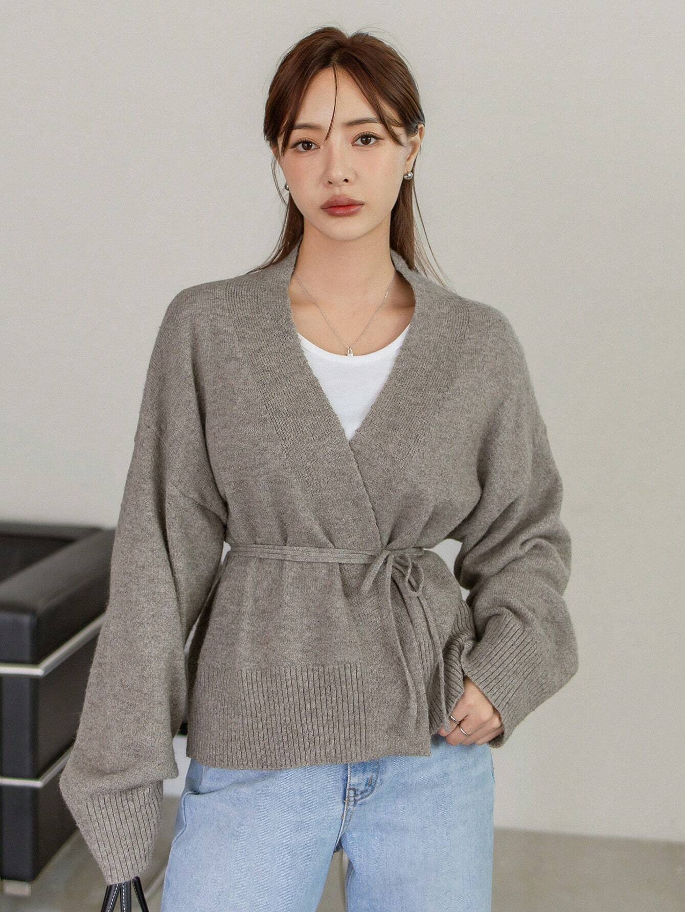 Dazy-Less Drop Shoulder Belted Cardigan shein