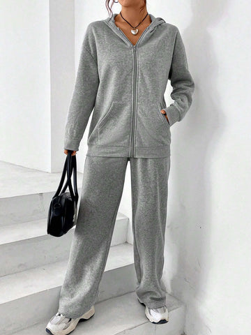 EZwear Zip Up Drop Shoulder Sweatshirt & Drawstring Waist Sweatpants shein