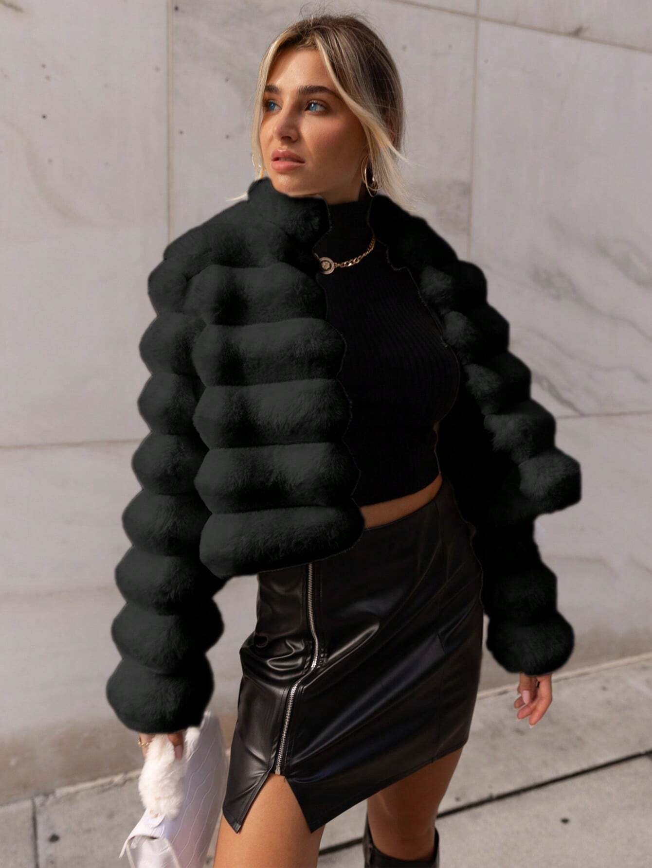 Privé Going Out Solid Open Front Crop Fuzzy Coat shein