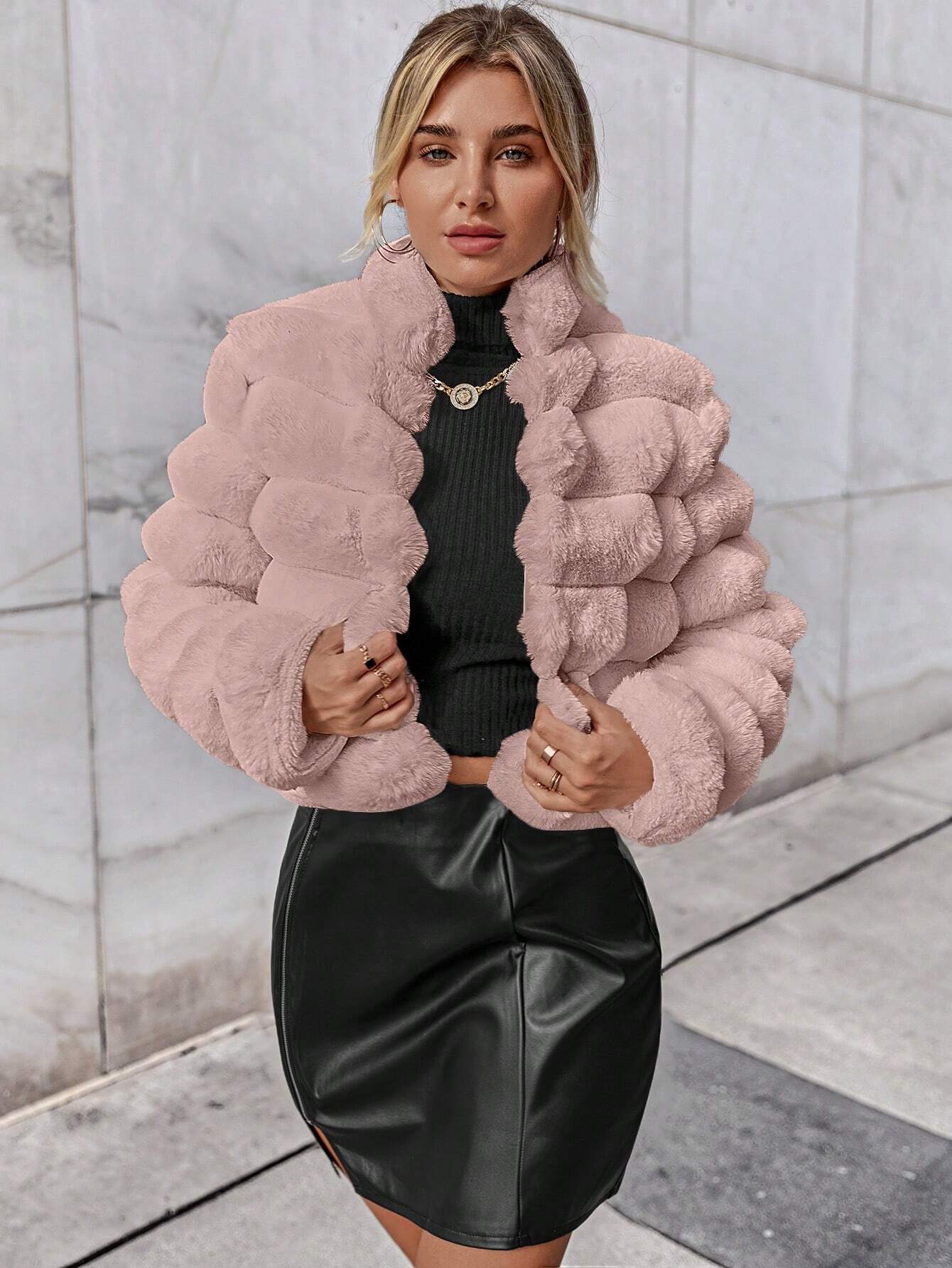 Privé Going Out Solid Open Front Crop Fuzzy Coat shein