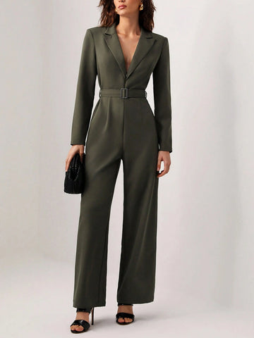 ODELIAR Designer Lapel Neck Belted Wide Leg Jumpsuit shein