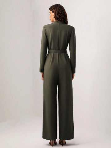 ODELIAR Designer Lapel Neck Belted Wide Leg Jumpsuit shein