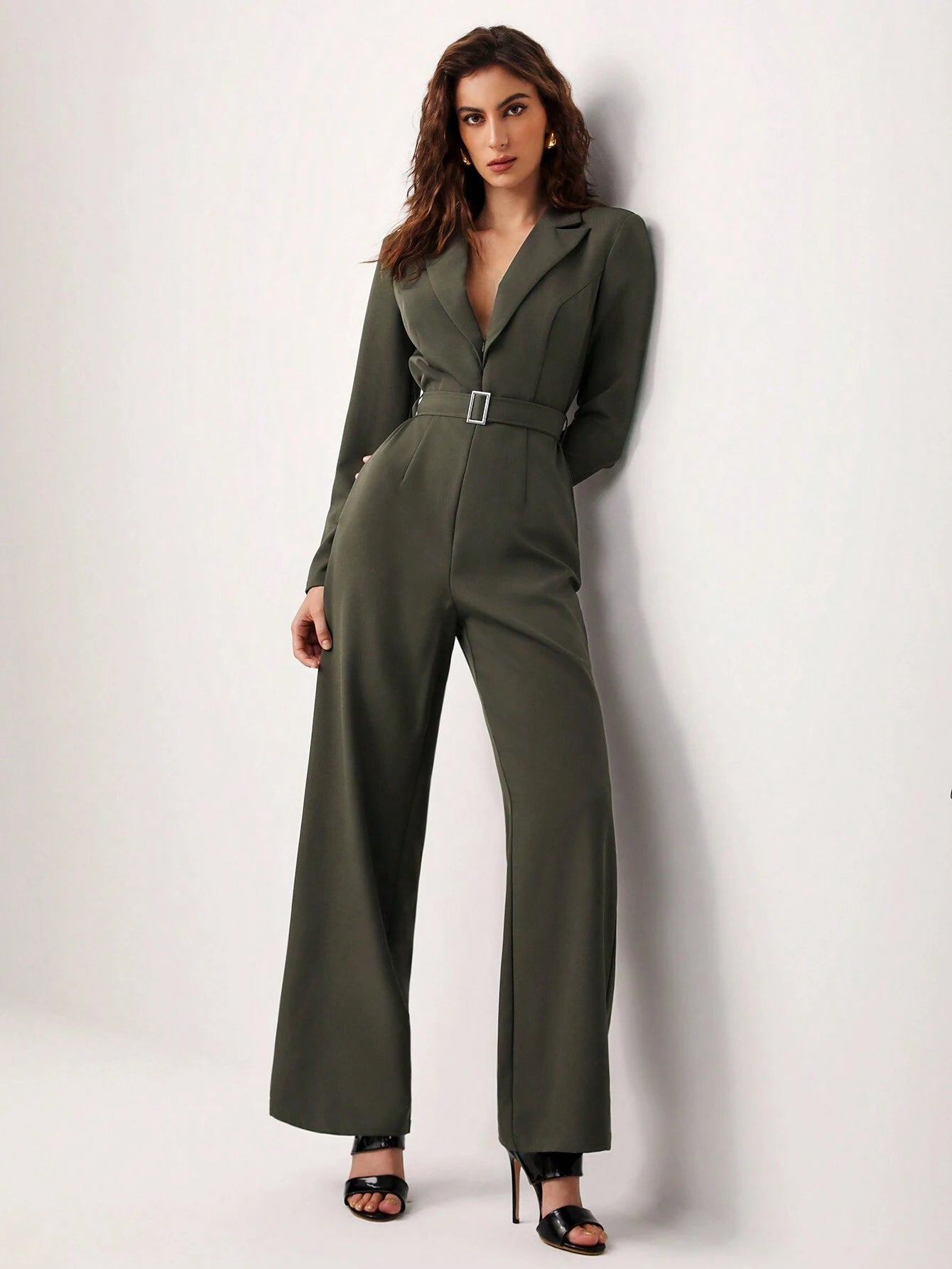 ODELIAR Designer Lapel Neck Belted Wide Leg Jumpsuit shein