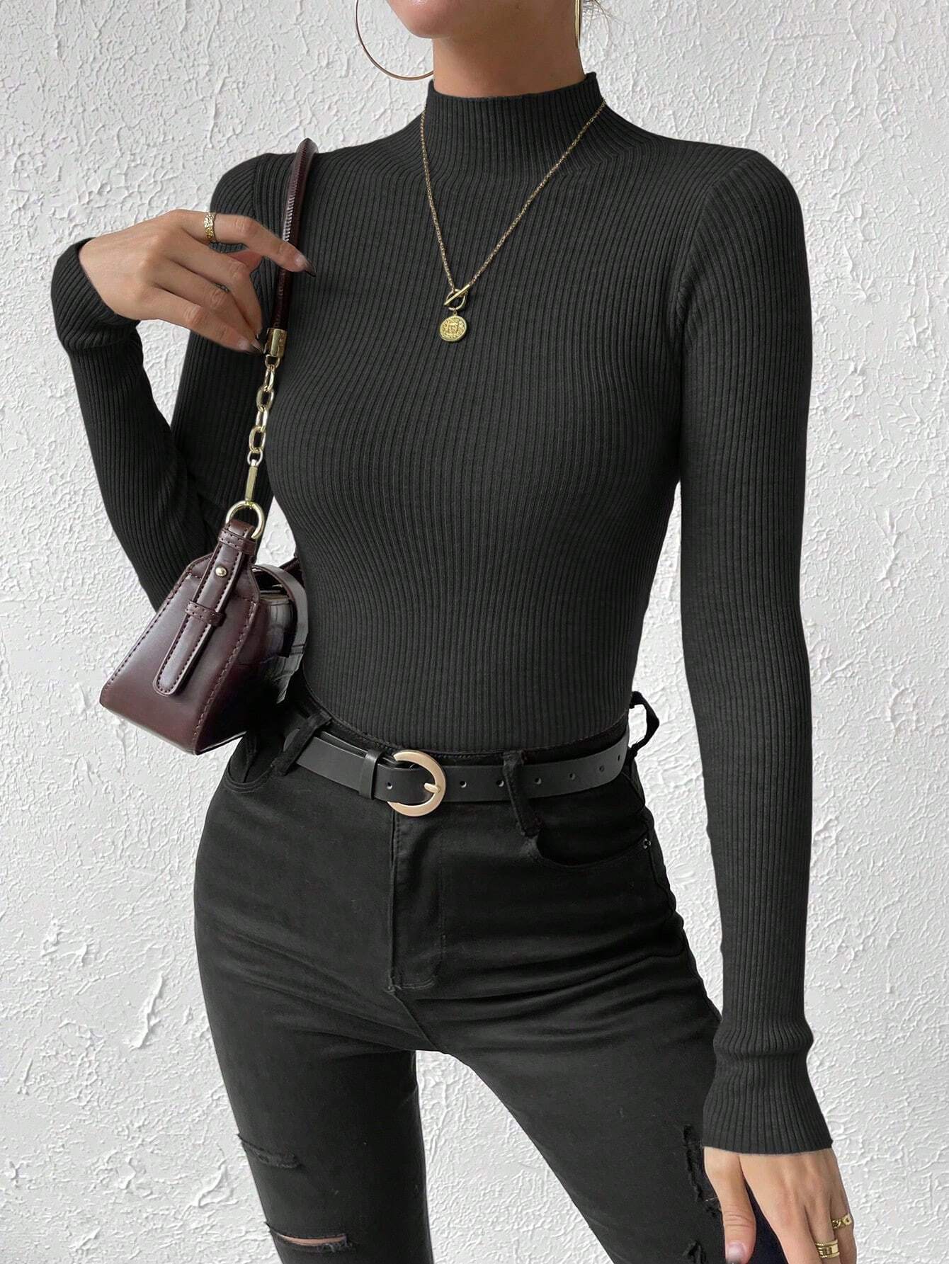 Essnce Mock Neck Ribbed Knit Sweater shein