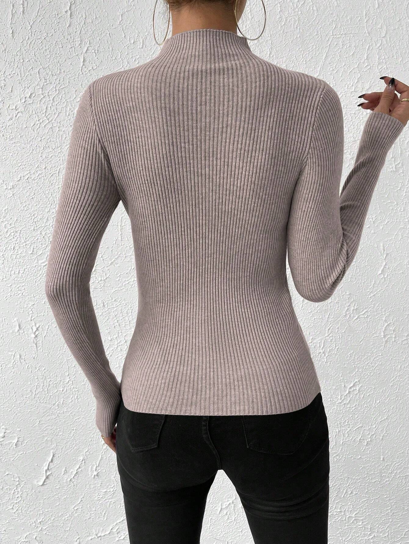 Essnce Mock Neck Ribbed Knit Sweater shein