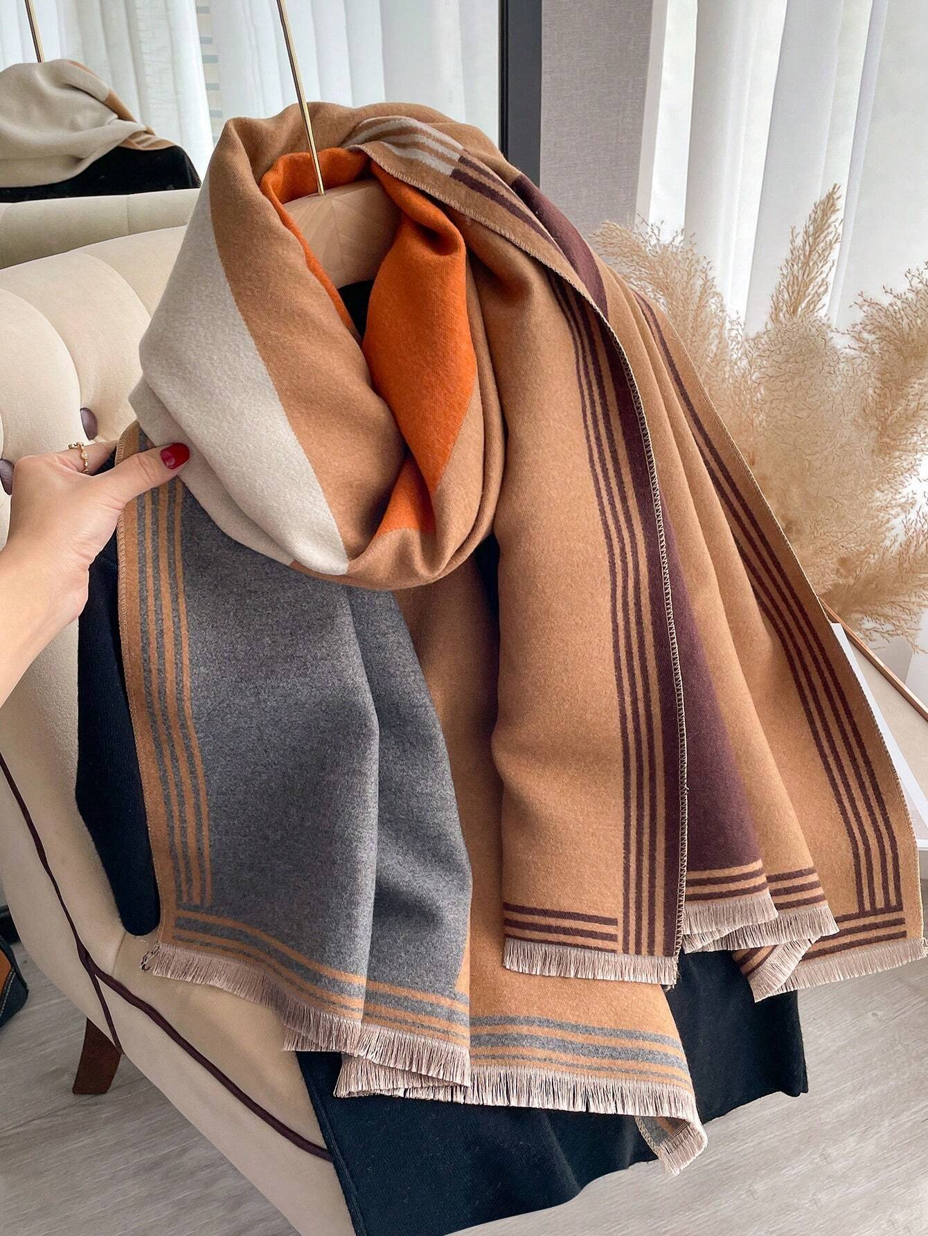 legant 1pc Women's Autumn And Winter Double-Sided Faux Cashmere Patchwork Fashionable All-Match Air Conditioning Shawl Thickened Warm Scarf shein