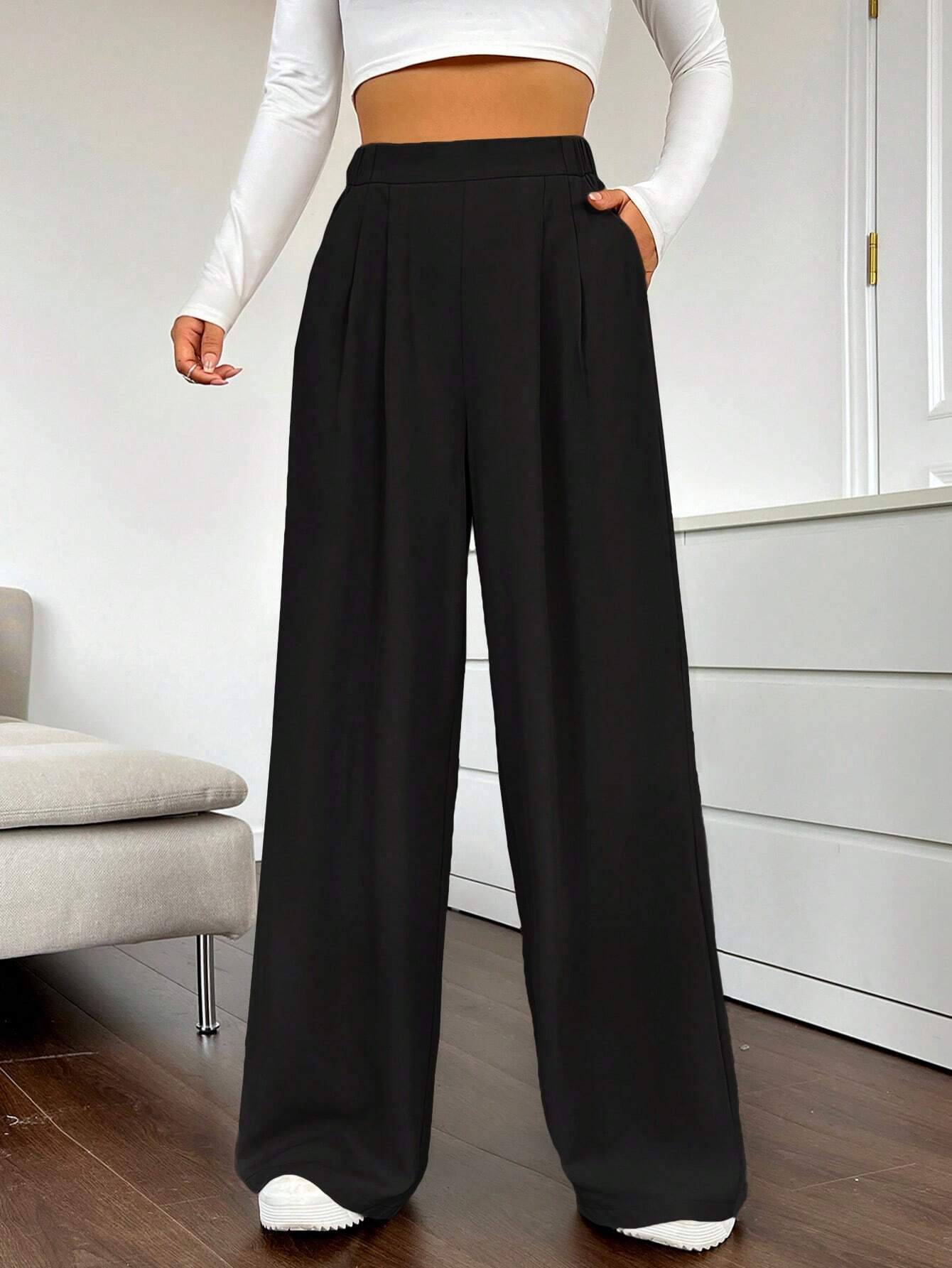 EZwear Solid Color Pleated Wide Leg Pants shein