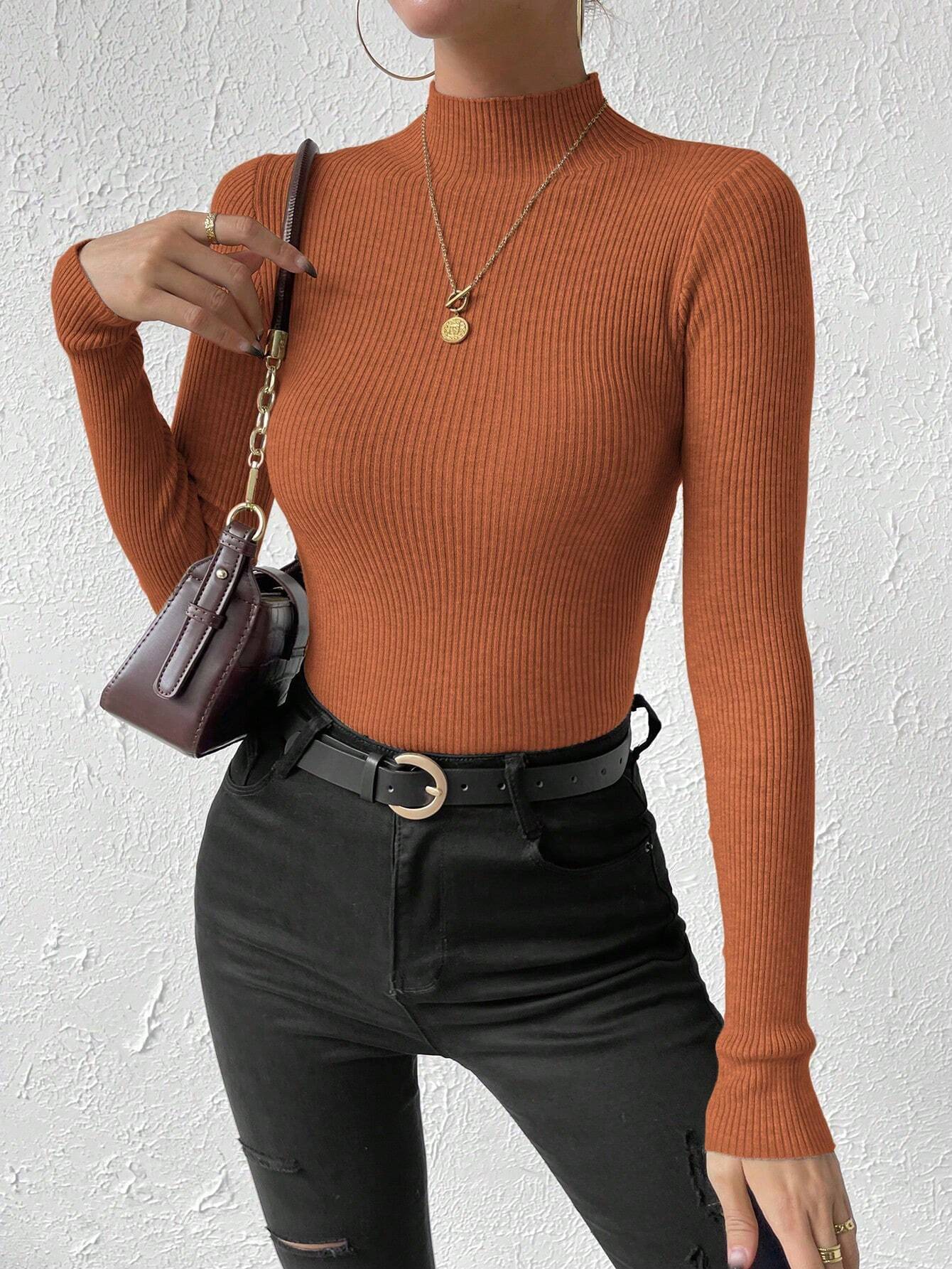 Essnce Mock Neck Ribbed Knit Sweater shein