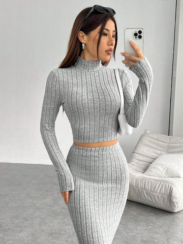 EZwear Women's Grey Knitted Tight-fit Stand Collar Long Sleeve Top With Skirt Set