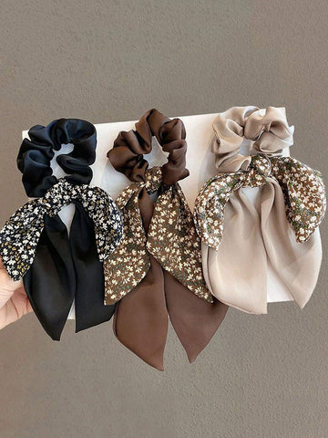 3pcs Ladies' Black, Khaki, Coffee Satin Ribbon Headband & Hair Ties; Fashionable, Versatile, Elegant shein