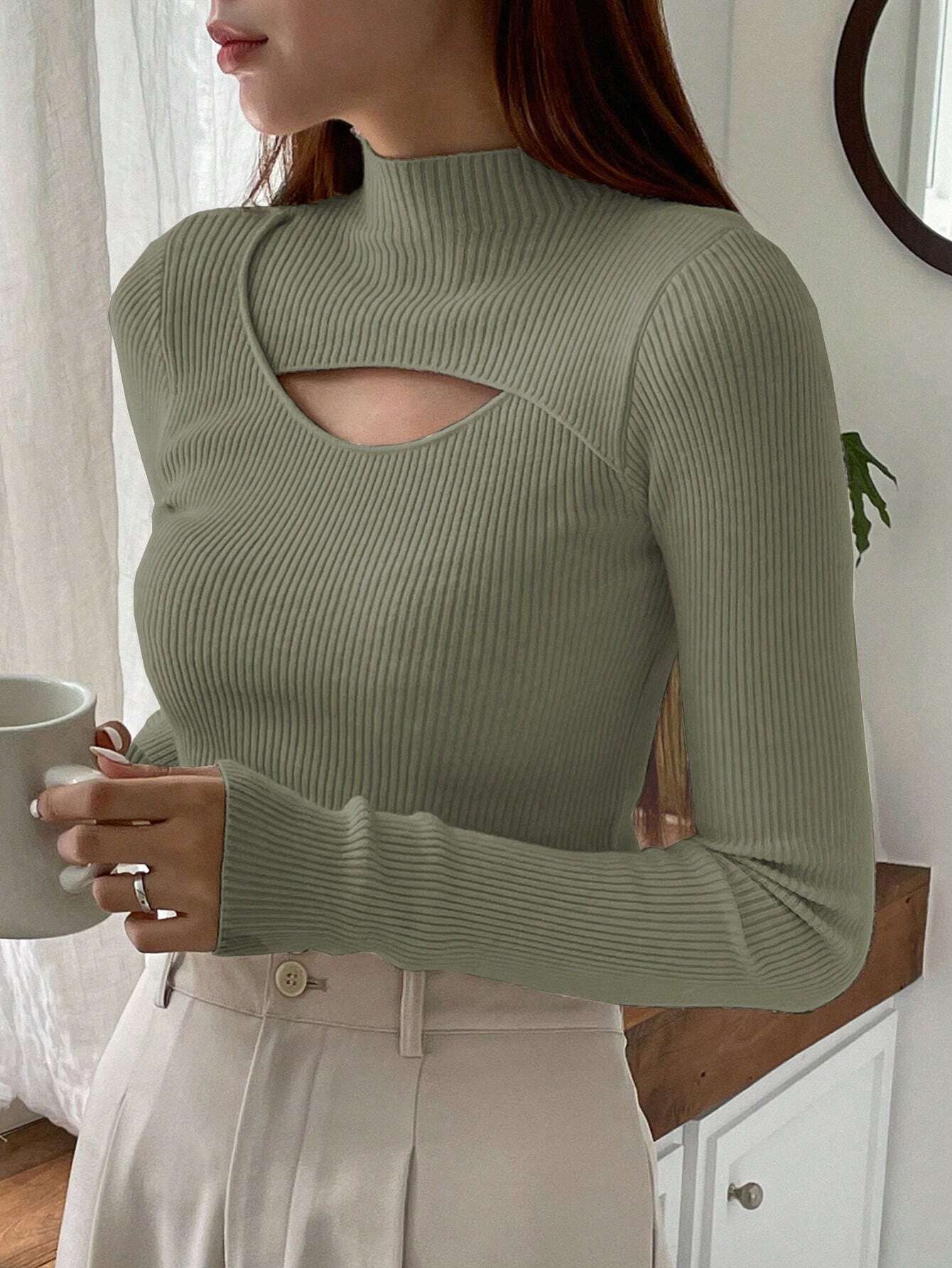 DAZY Solid Color Hollow Out Half Turtle Neck Sweater shein