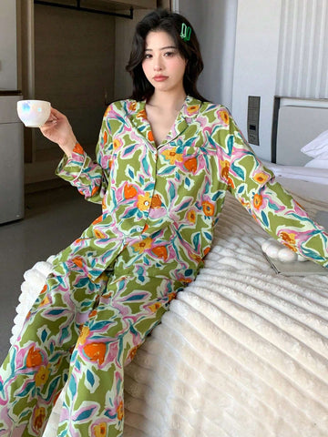 DAZY Floral Printed Long Sleeve Top And Pants Casual Pajamas Set shein