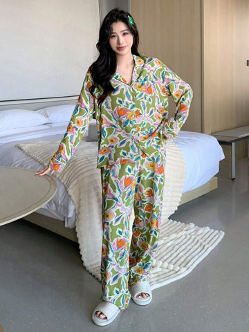 DAZY Floral Printed Long Sleeve Top And Pants Casual Pajamas Set shein