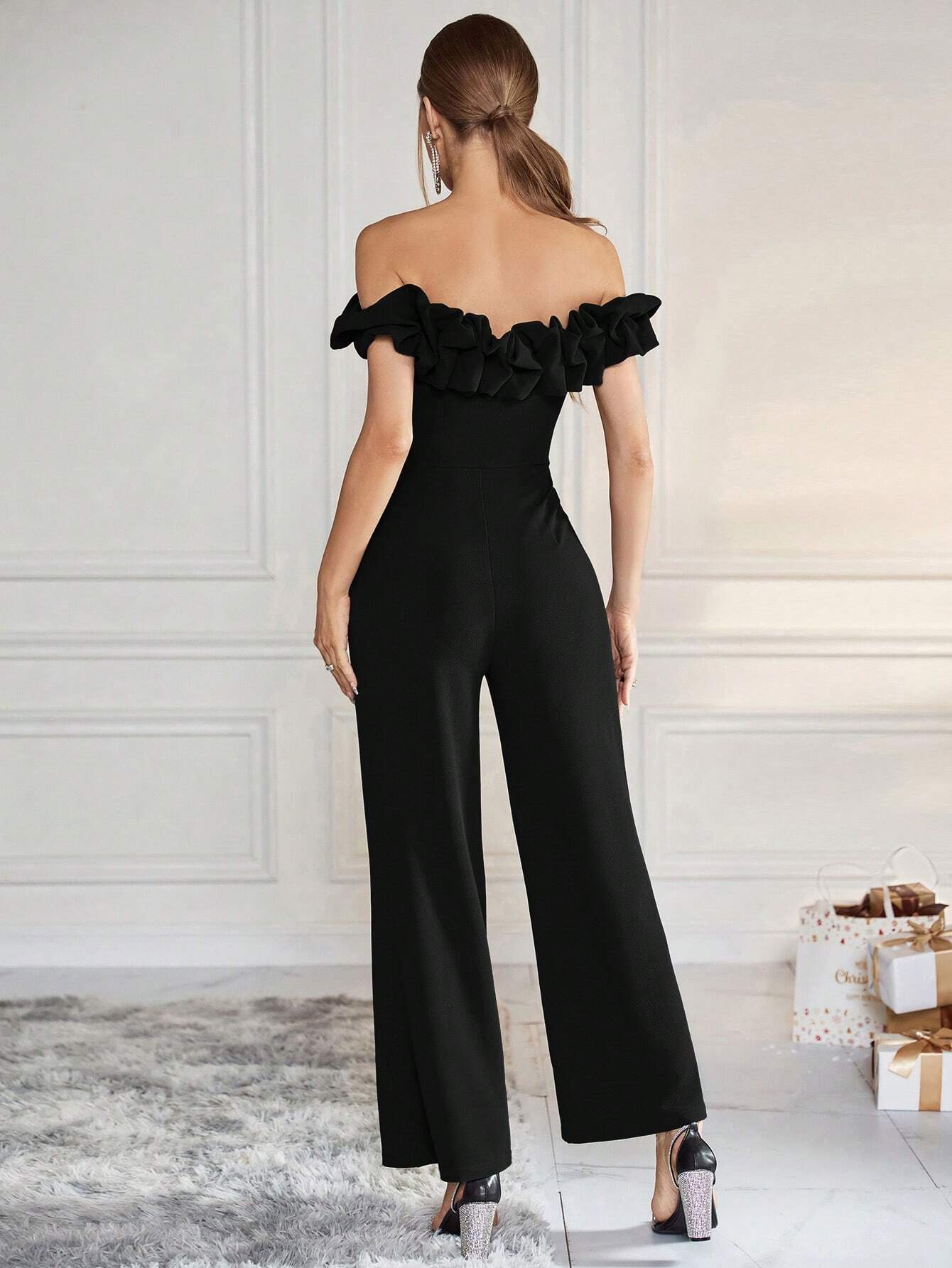 Privé Women's Solid Color Flounce Hem Decorated Off Shoulder Wide Leg Jumpsuit shein