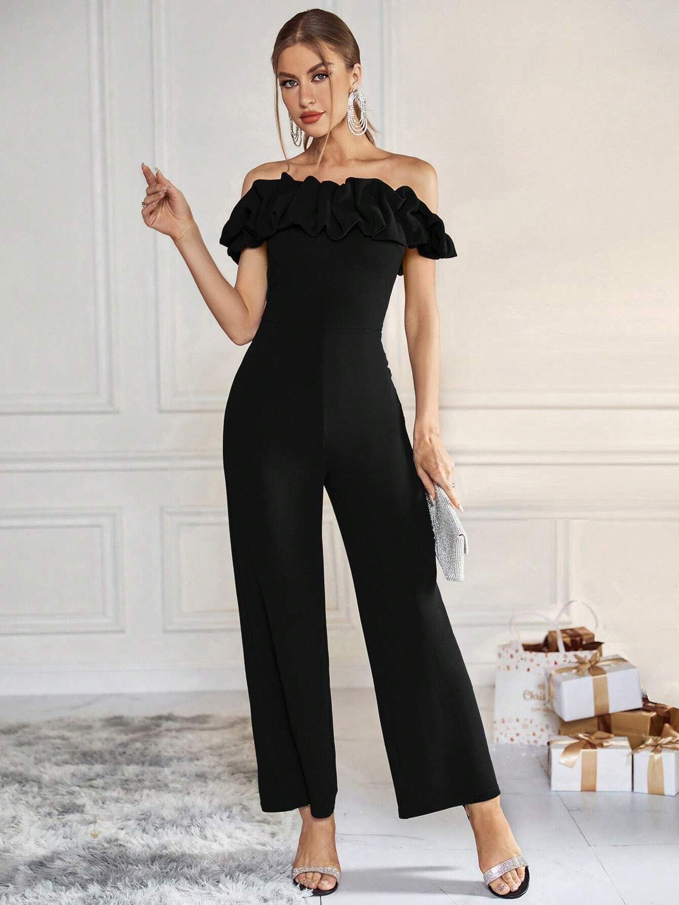 Privé Women's Solid Color Flounce Hem Decorated Off Shoulder Wide Leg Jumpsuit shein