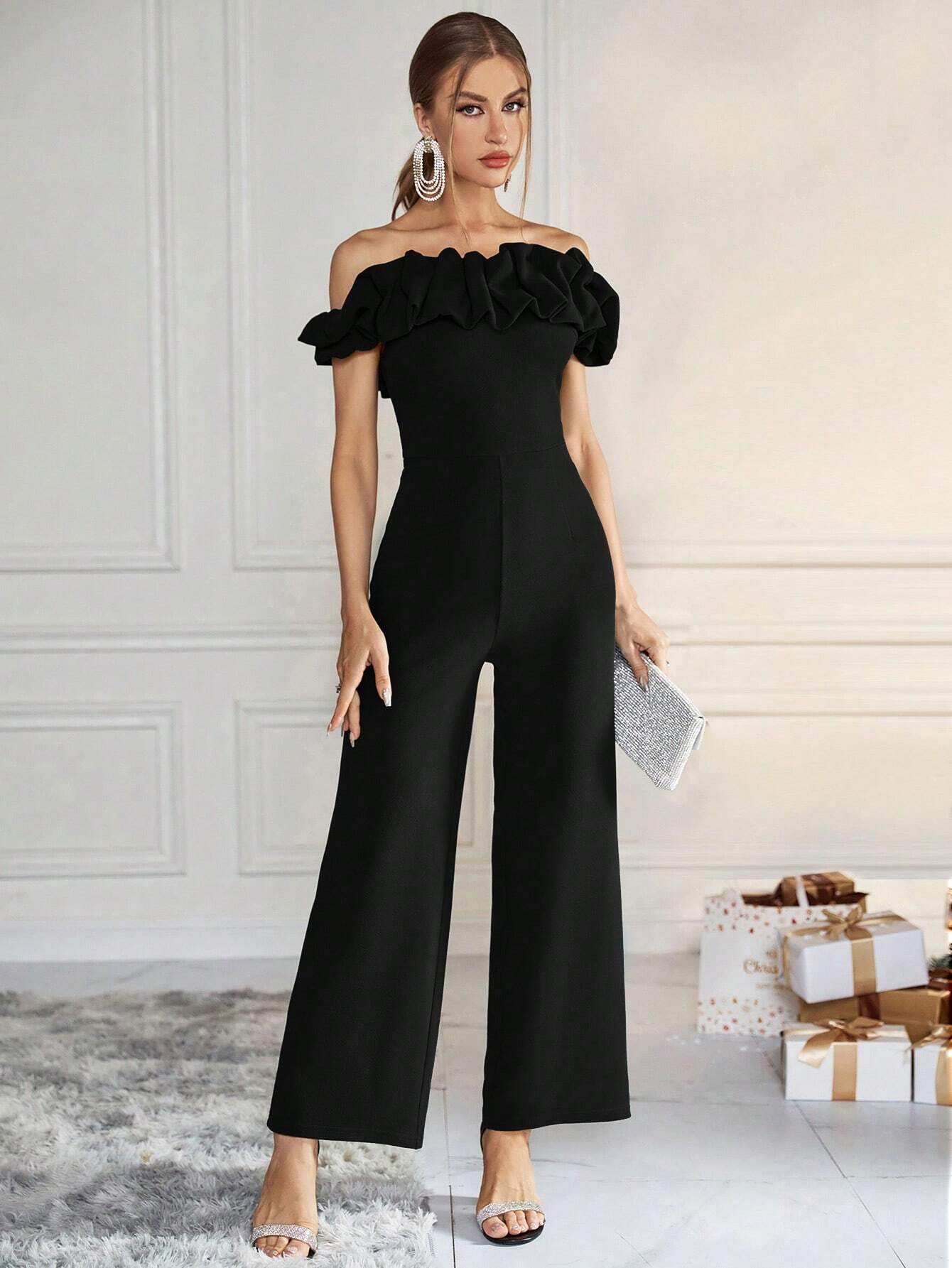 Privé Women's Solid Color Flounce Hem Decorated Off Shoulder Wide Leg Jumpsuit shein