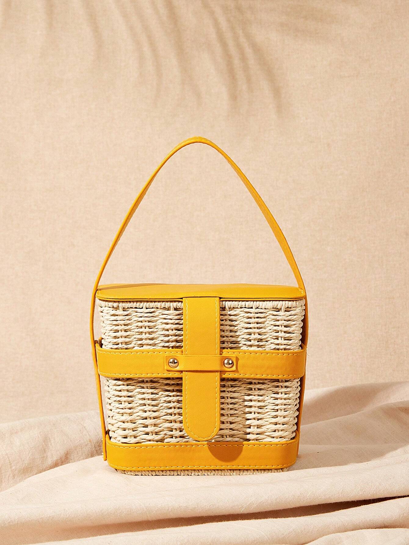 VCAY Women PU Detail Straw Handbag,Woven Bag,Perfect For Summer Beach shein