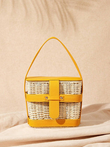 VCAY Women PU Detail Straw Handbag,Woven Bag,Perfect For Summer Beach shein