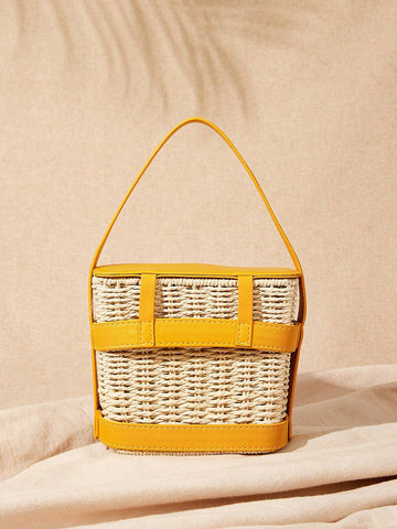 VCAY Women PU Detail Straw Handbag,Woven Bag,Perfect For Summer Beach shein