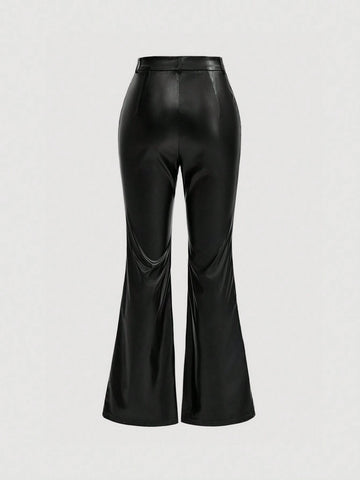 MOD Solid Color Pu Leather Flared Pants shein