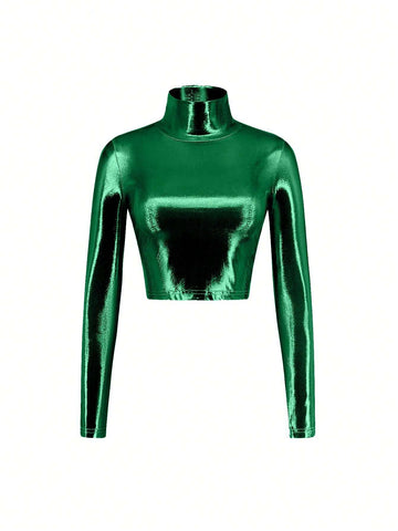 ICON Glossy Coated Turtleneck Long Sleeve Skinny T-Shirt shein