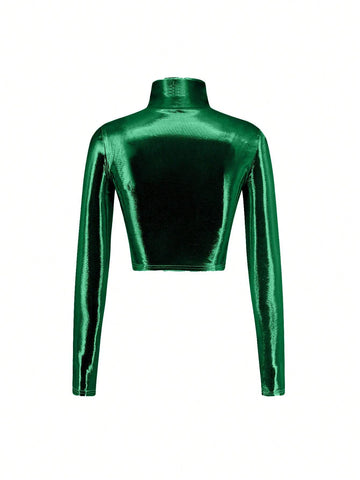 ICON Glossy Coated Turtleneck Long Sleeve Skinny T-Shirt shein