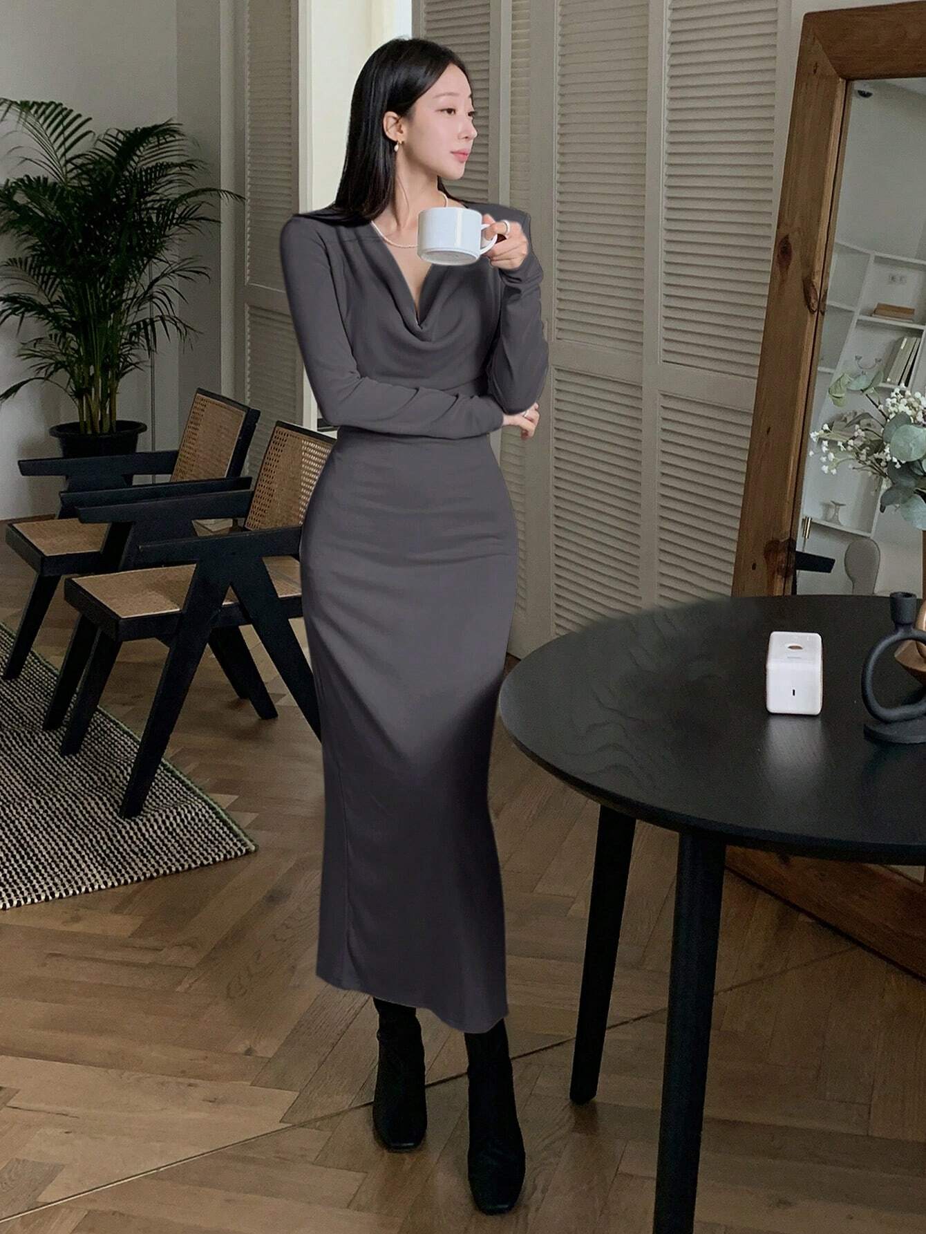 DAZY Women's Draped Collar Long Sleeve Dress Work Business Dress shein